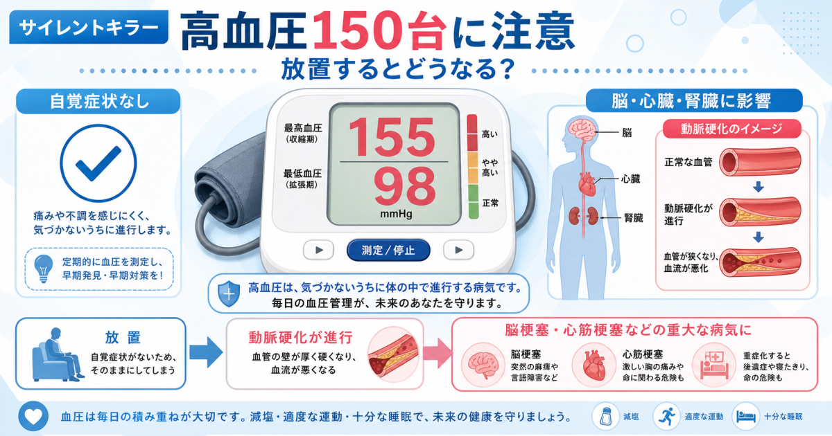 高血圧150台の放置は危険？自覚症状なしで迫る脳梗塞・心筋梗塞リスク